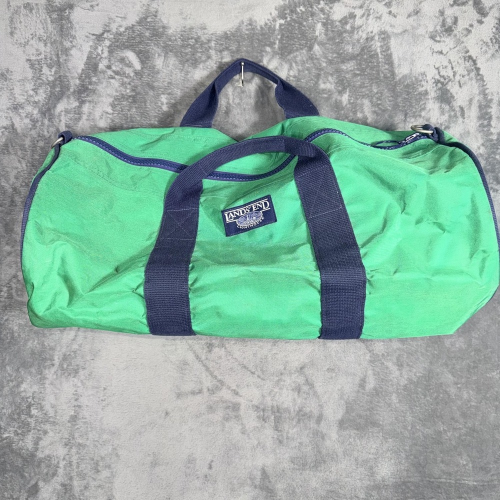 Lands End Duffel Bag Travel Gym Green Navy Lightweight Nylon Vintage Unisex